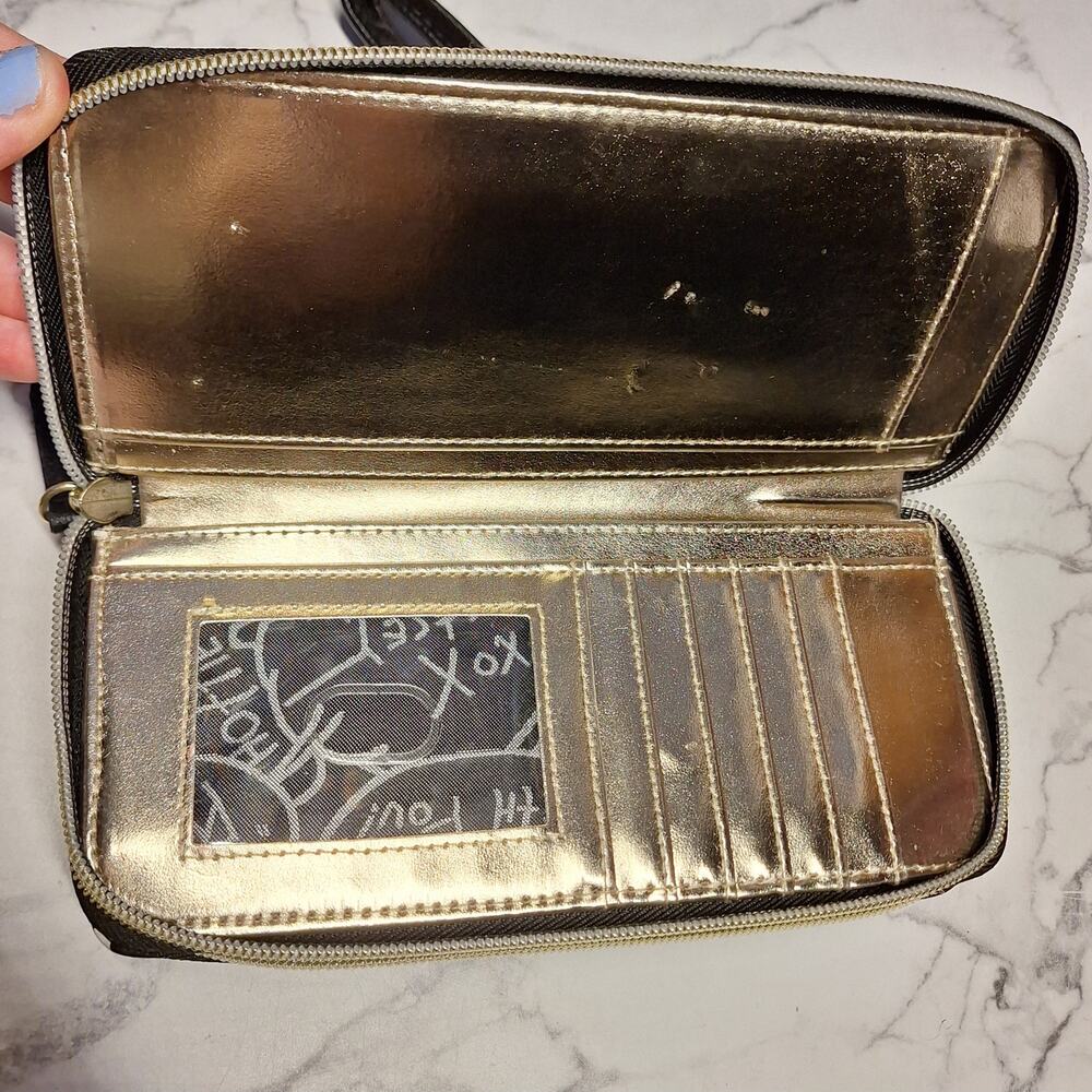 Betsey Johnson NEW zip around wristlet wallet faux leather w roses striped bling - Picture 7 of 13